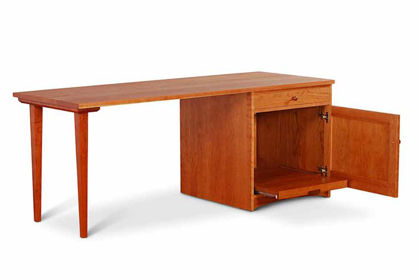 Pedestal Desk Cherry with one drawer and cabinet door with pull out shelf inside