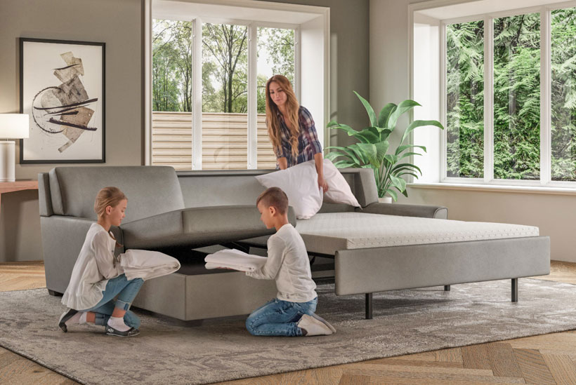 Klein Queen Plus Comfort Sleeper and Storage Chaise Sectional Dolce Gray Leather with Espresso Finish Legs