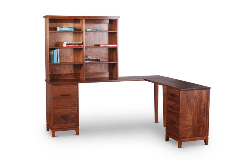 Corner desk with bookcase in walnut, two file drawer pedestal bottom left, two drawers and file drawer bottom right pedestal, bookcase hutch top with six shelves shown top left